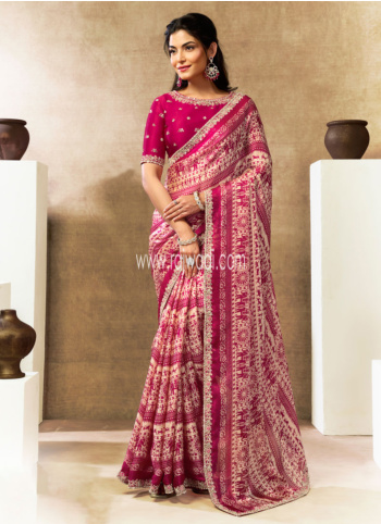 Varli Printed Cream Satin Silk Saree With Deep Pink Blouse Material