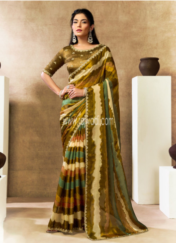 Multi Color Embroidered Border Satin Silk Saree