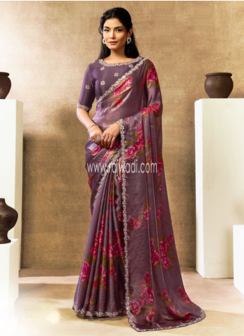 Onion Pink Floral Printed Satin Silk Saree