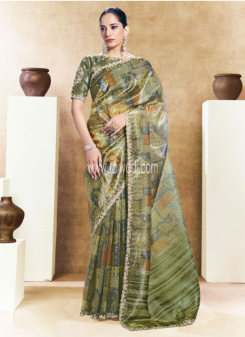 Olive Green Printed Paper Silk Embroidered Border Saree