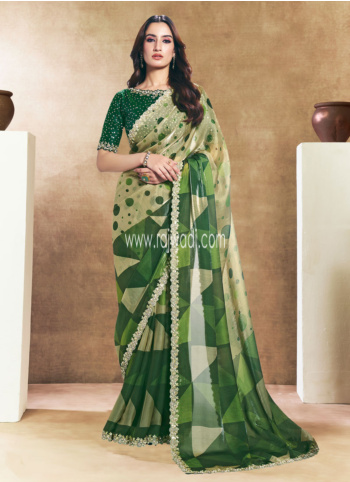 Green Geometric Pattern Satin Silk Saree