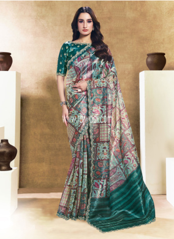 Multi Color Printed Satin Silk Saree With Embroidered Border