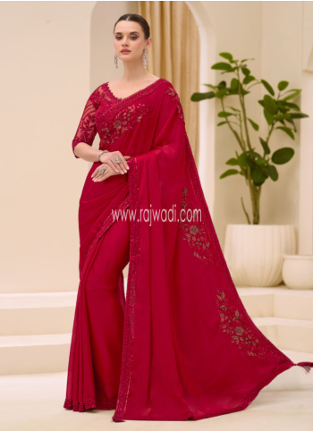 Beautiful Red Embroidered Border Chiffon Silk Saree