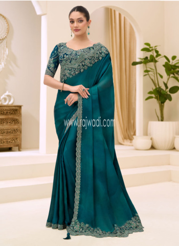 Teal Color Chiffon Silk Embroidered Saree For Wedding
