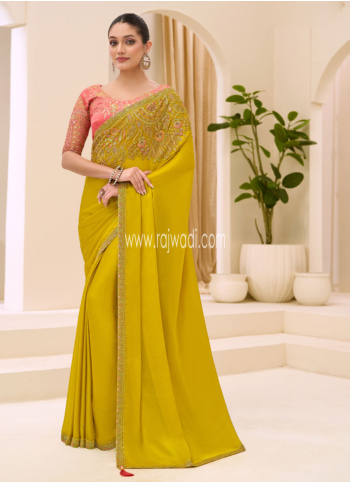 Mustard Yellow Embroidered Border Chiffon Silk Saree