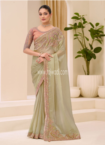 Golden Cream Festive Wear Embroidered Border Chiffon Silk Saree