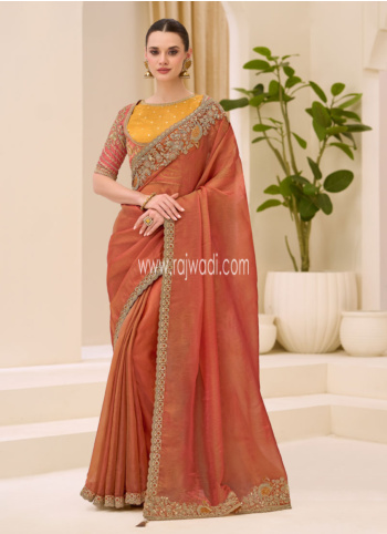 Rust Embroidered Border Chiffon Silk Saree