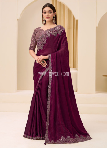 Beautiful Maroon Embroidered Border Chiffon Silk Saree