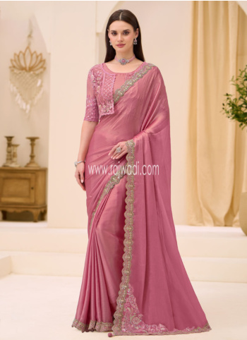 Party Wear Pink Embroidered Chiffon Silk Saree