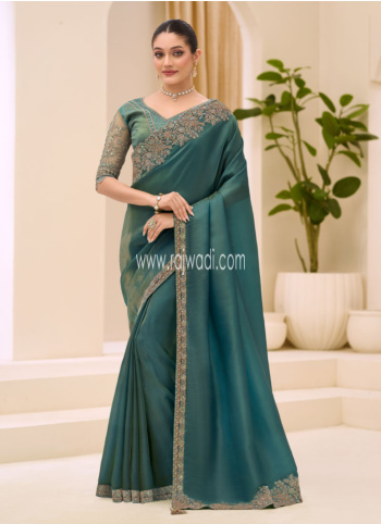Sea Green Embroidered Border Chiffon Silk Saree