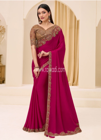 Designer Cherry Red Chiffon Silk Embroidered Border Saree