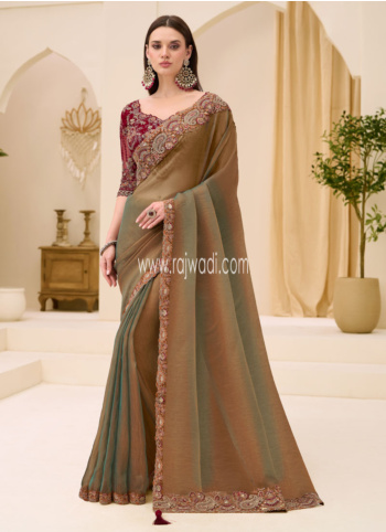 Wedding Wear Gold and Teal Shaded Chiffon Silk Saree