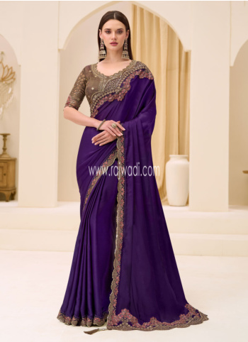 Dark Purple Embroidered Border Chiffon Silk Saree