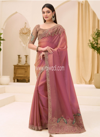 Pink Embroidered Border Chiffon Silk Saree