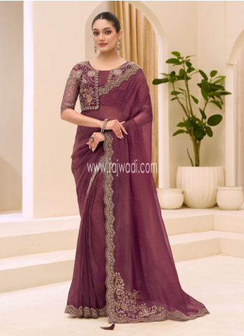 Party Wear Wine Embroidered Chiffon Silk Saree