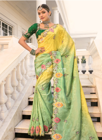 Yellow And Light Green Jacquard Silk Saree For Wedding