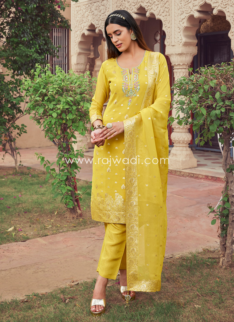 Lemon Yellow Color Pant Style Salwar Suit With Dupatta