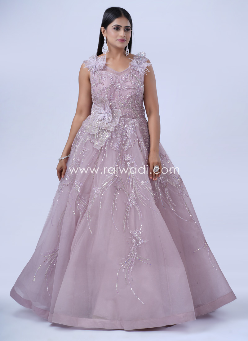 Onion Pink Wedding Wear Sequins Embellished Gown