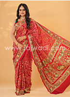 Red Bandhani Printed Pure Modal Gajji Silk Gharchola Saree