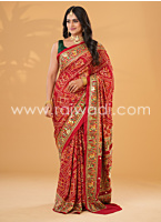 Red Bandhani Printed Pure Modal Gajji Silk Gharchola Saree