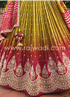 Parrot Green And Coral Pink Embroidered Lehenga Choli In Silk