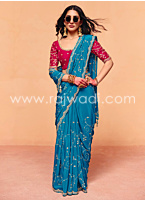 Blue Embroidered Chiffon Silk Saree