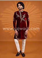 Maroon Velevt Embroidered Indowestern Set For Men