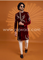 Maroon Velevt Embroidered Indowestern Set For Men