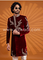 Maroon Velevt Embroidered Indowestern Set For Men