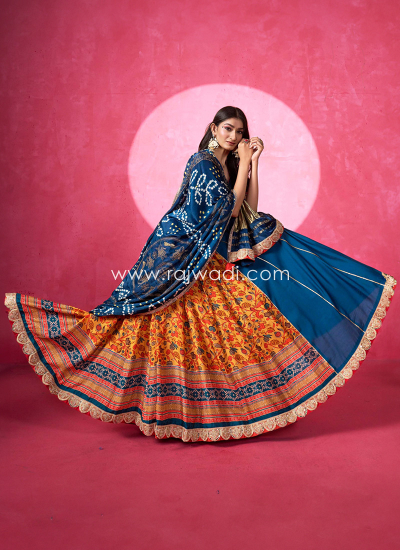 Teal Blue And Yellow Silk Chaniya Choli