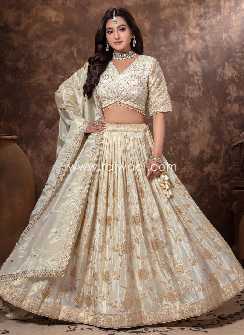 Cream & Purple Tissue Embroidered Bridal Lehenga Choli