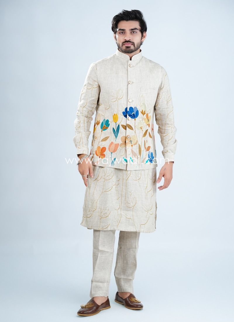 Natural Linen Men’s Printed Nehru Jacket Set