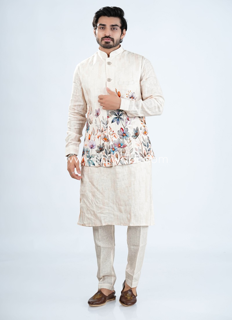 Light Peach Linen Men’s Nehru Jacket Set
