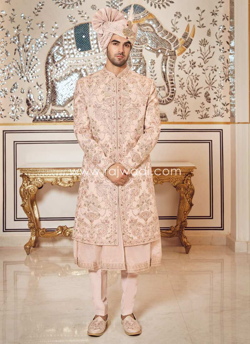 Golden Cream Embroidered Art Silk Sherwani