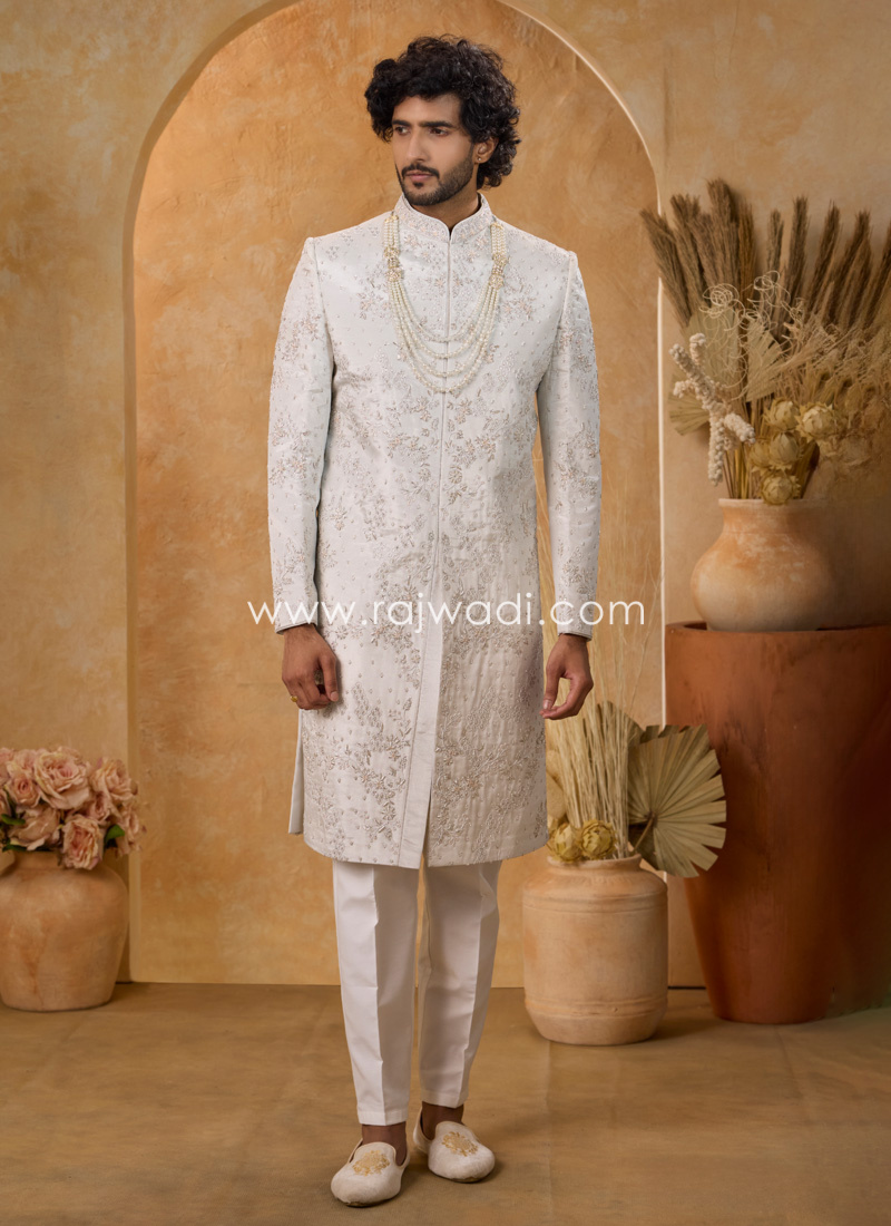 Cream Embroidered Sherwani Set In Art Silk