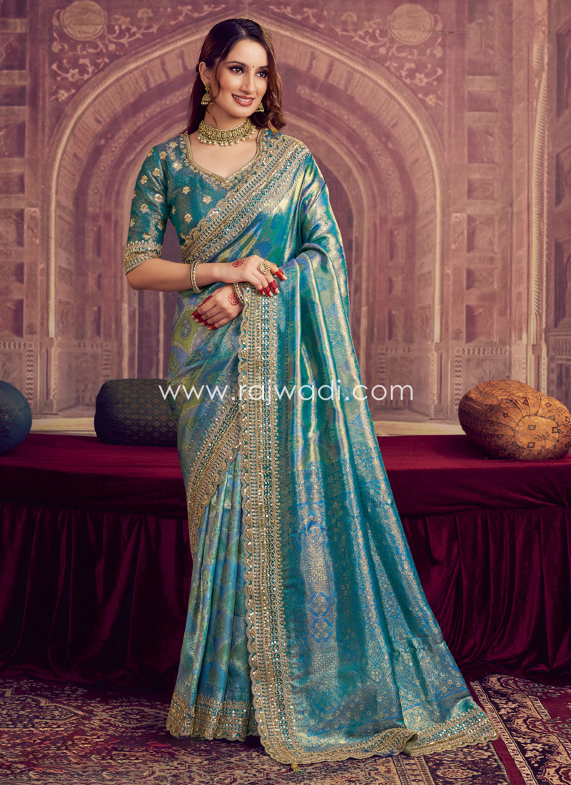 Stunning Firozi Color Embroidered Kanjivaram Silk Saree
