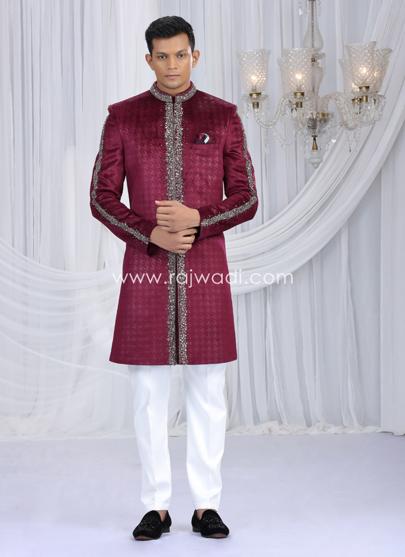 Wine Color Embroidered Velvet Indowestern Set