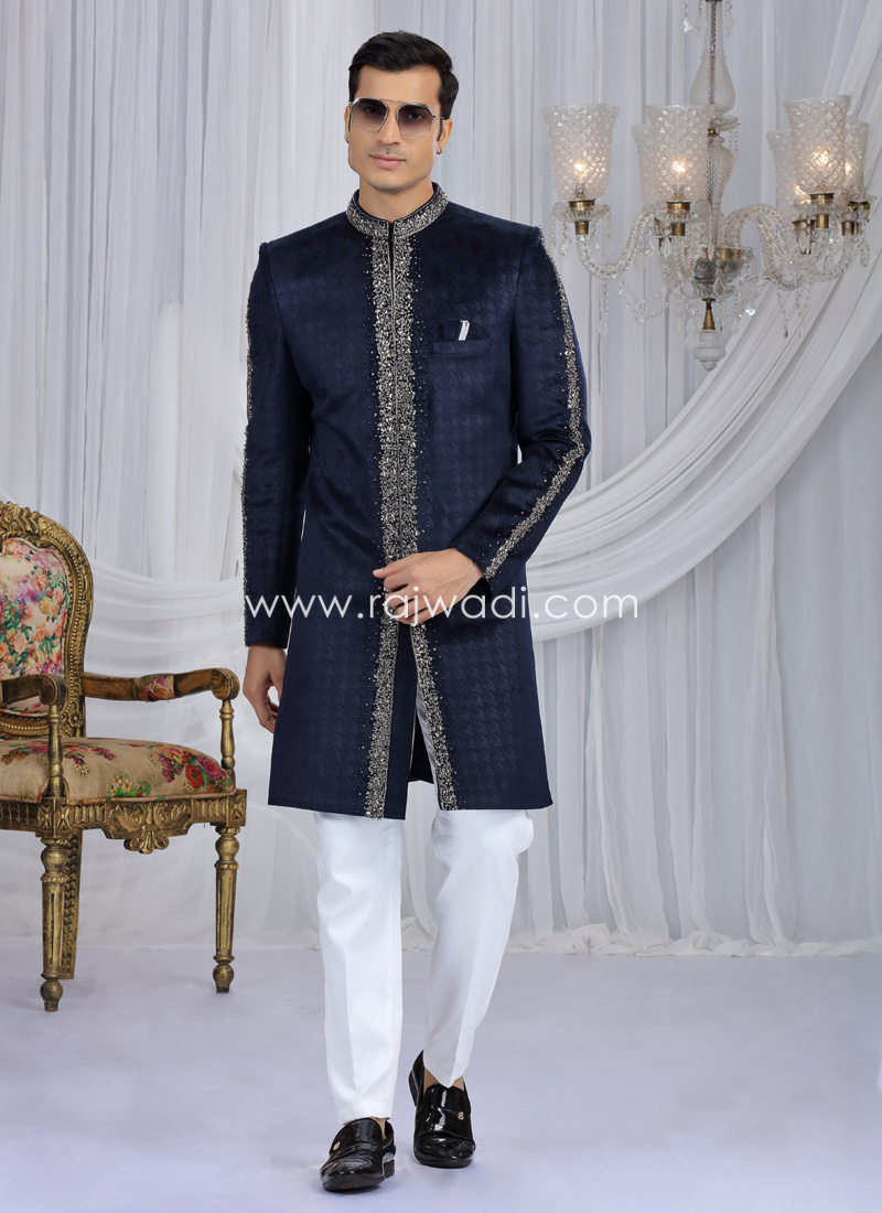 Navy Blue Embroidered Velvet Indowestern Set