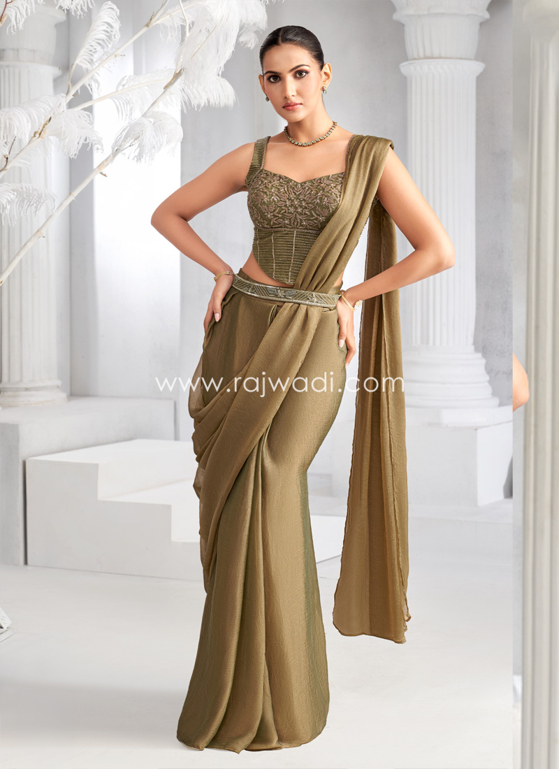 Olive Color Embroidered Ready To Wear Art Silk Saree