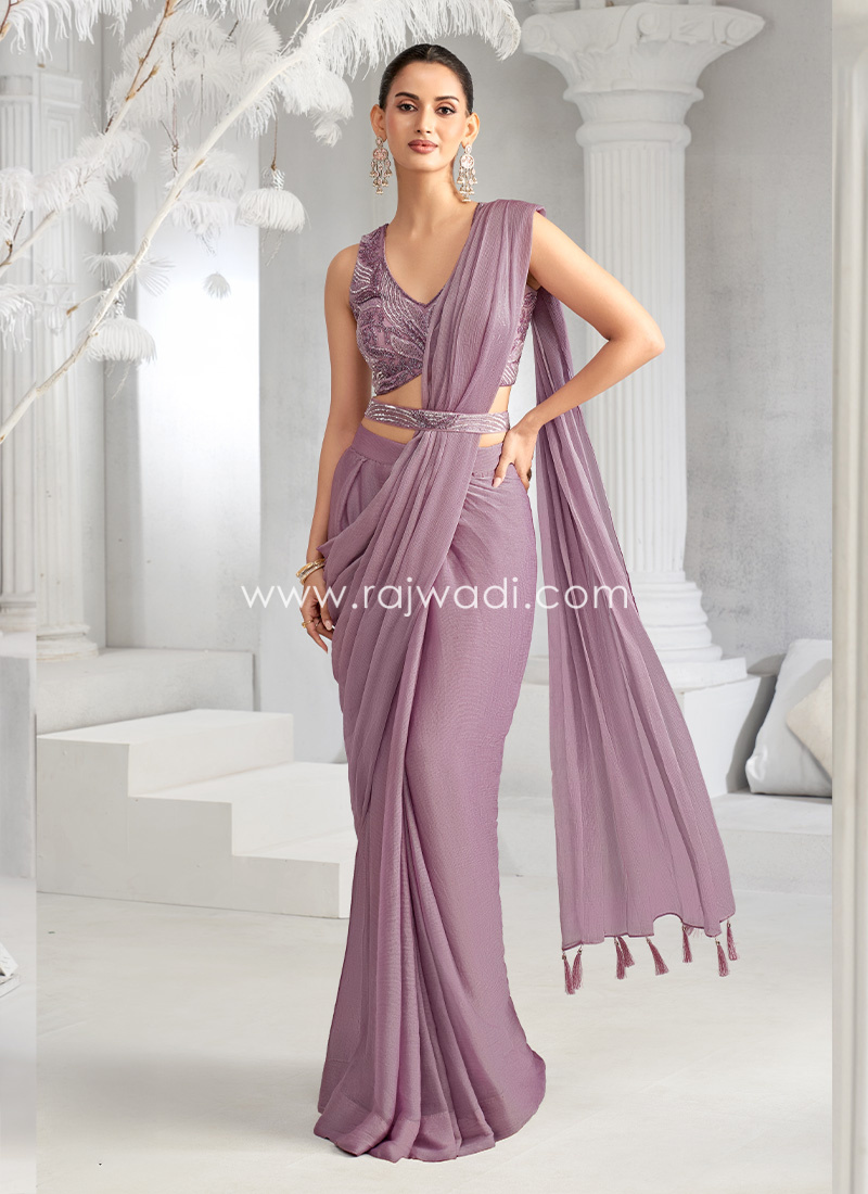 Lavender Color Embroidered Ready To Wear Chiffon Saree