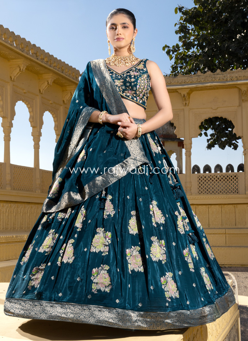 Teal Blue Crepe Silk Lehenga Choli With Readymade Choli