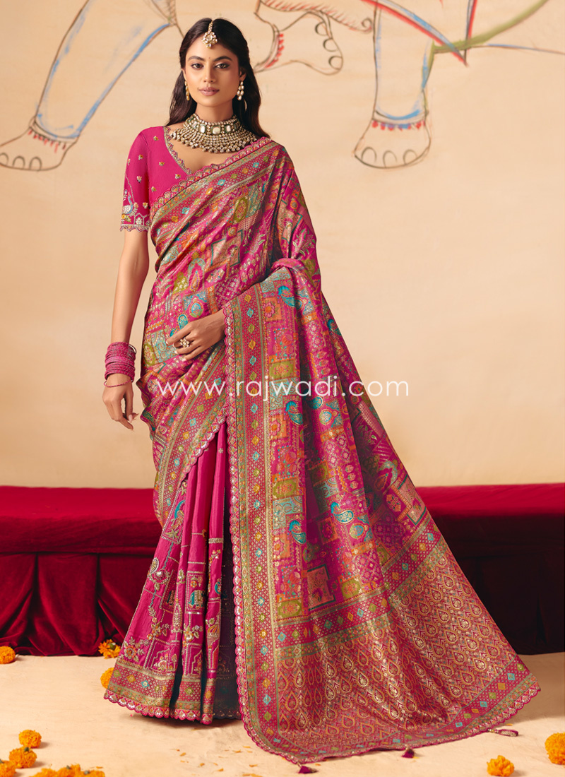 Wedding Wear Rani Embroidered Banarasi Silk Saree