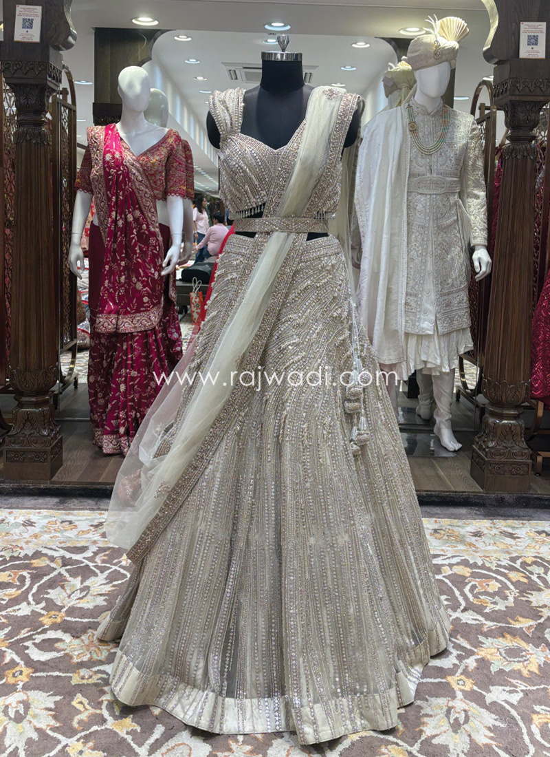 Cream Embroidered Net Fabric Lehenga Choli