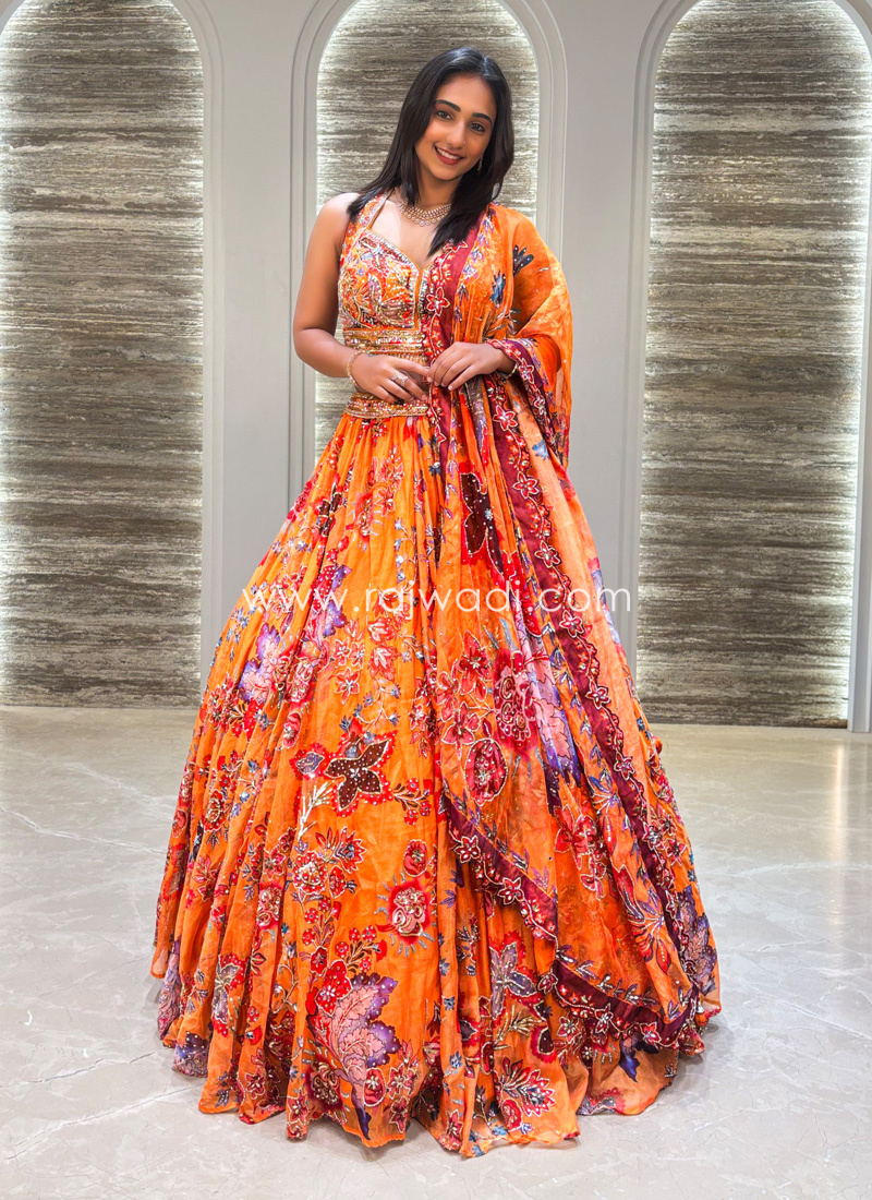 Orange Embroidered Organza Lehenga Choli
