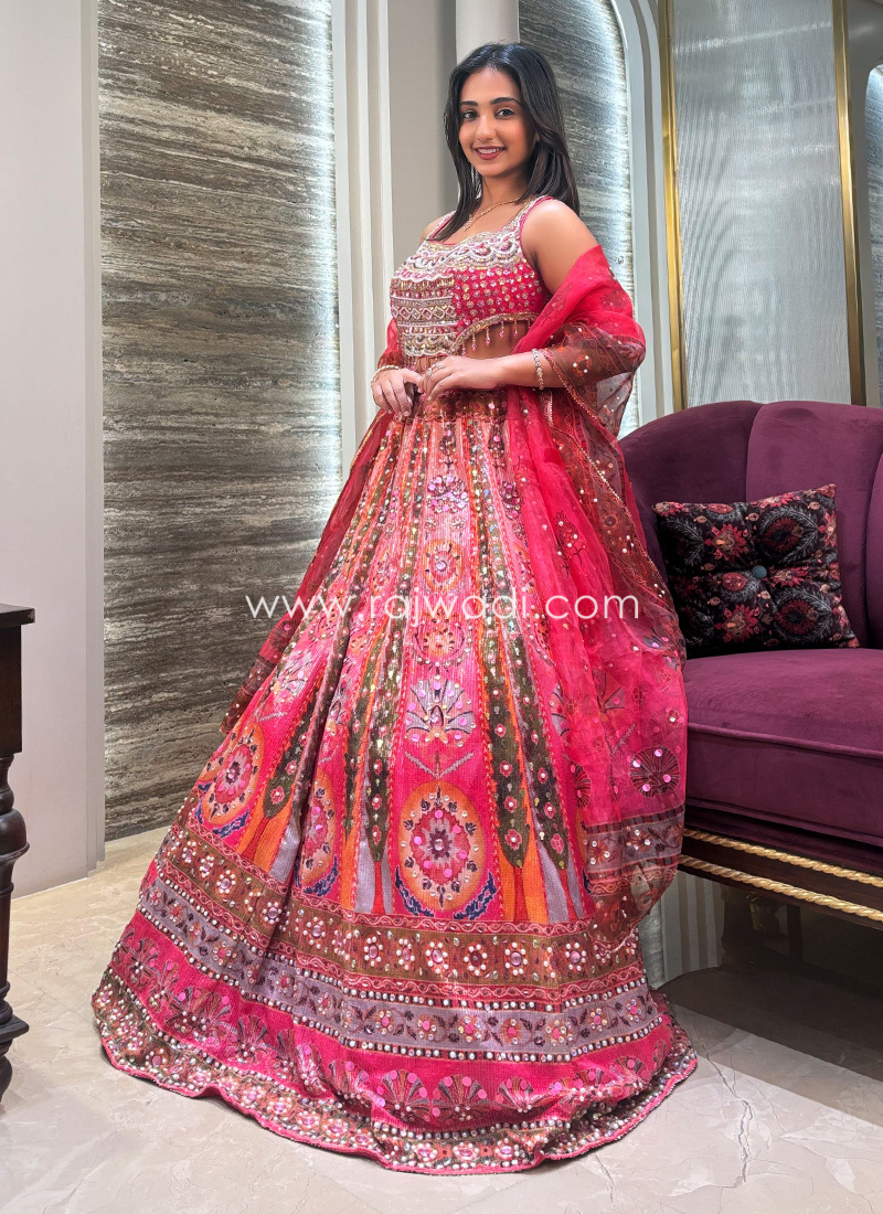 Peach Color Embroidered Chiffon Net Lehenga Choli