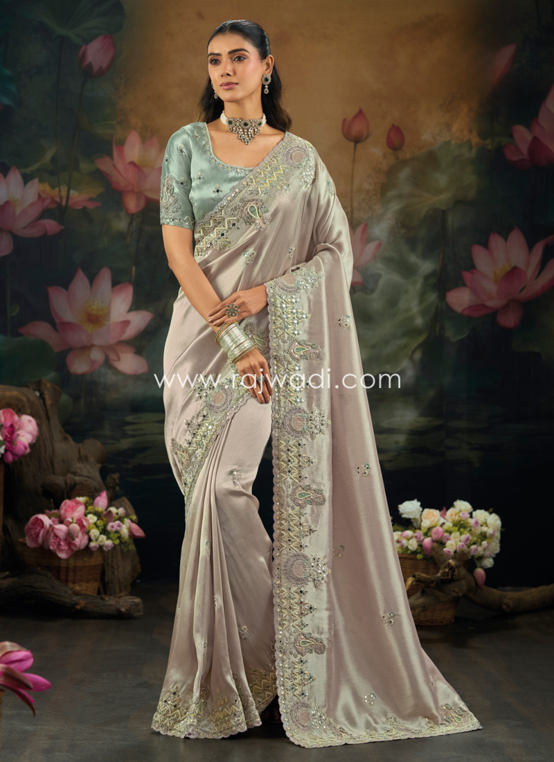 Light Rose Gold Embroidered Shimmer Silk Saree