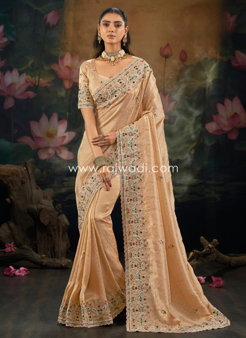Beige Embroidered Banarasi Silk Saree