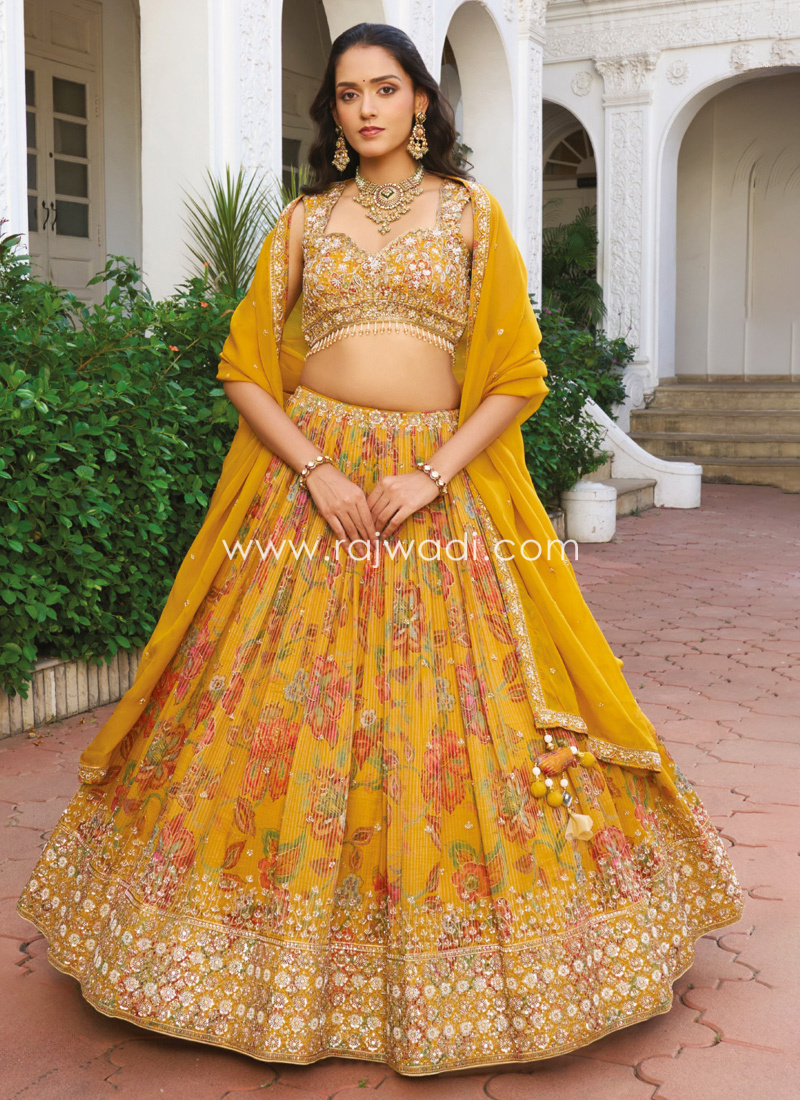 Mustard Yellow Embroidered Silk Lehenga Choli