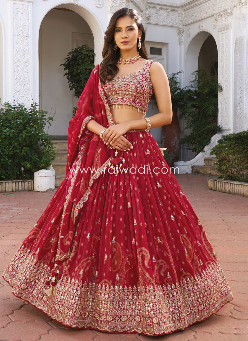 Crimson Color Embroidered Georgette Lehenga Choli