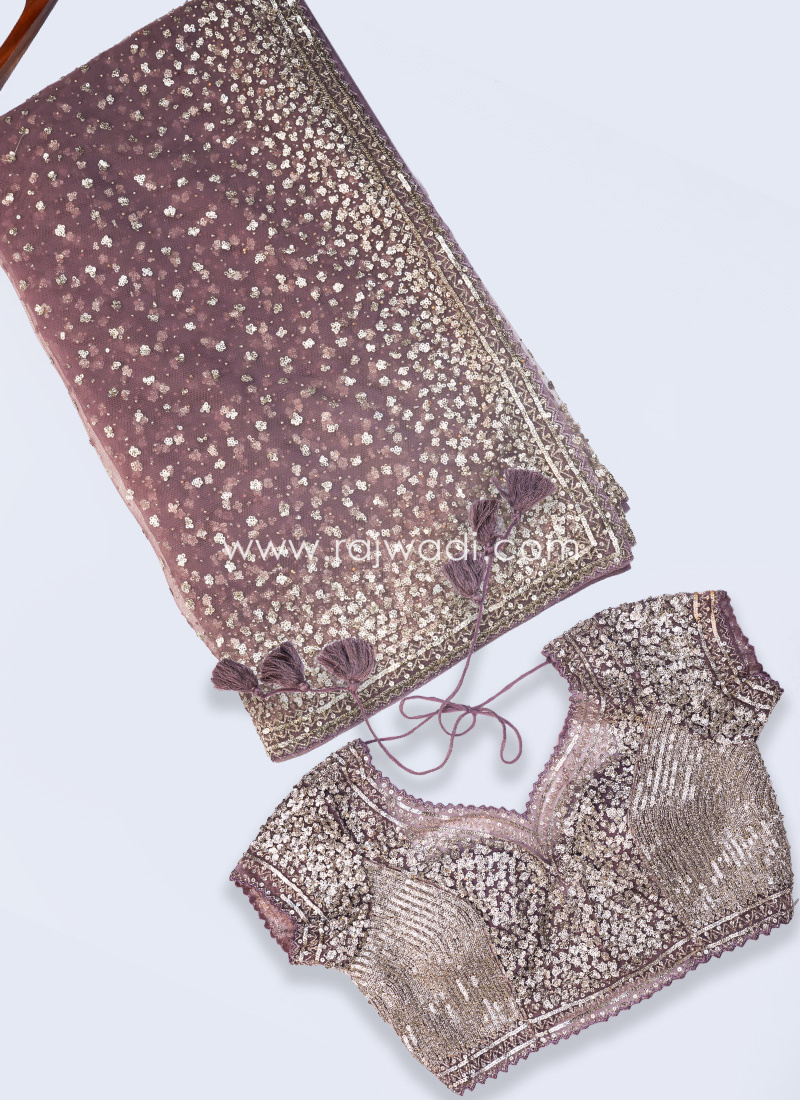 Lavender Embroidered Net Saree With Ready Choli